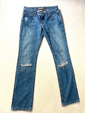 Abercrombie & Fitch Men's Medium Blue Straight Jeans with Knee Distress